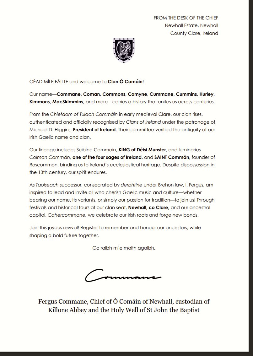 Letter from Fergus Commane, Chief of Ó Comáin of Newhall