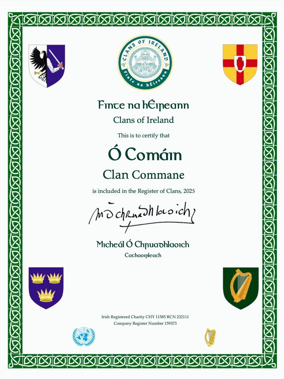 Clans of Ireland Certificate of Recognition — Ó Comáin / Clan Commane, Register of Clans 2025